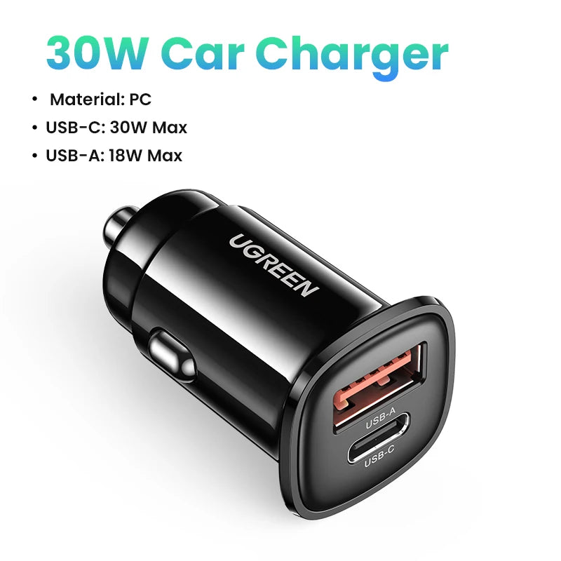 UGREEN Car Charger Type C Fast USB Charger for iPhone 15 14 13 Xiaomi Car Charging Quick 4.0 3.0 Charge Mobile Phone PD Charger