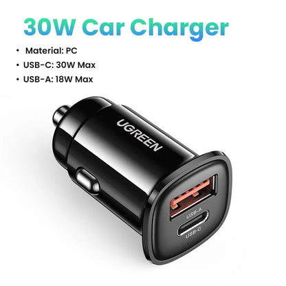 UGREEN Car Charger Type C Fast USB Charger for iPhone 15 14 13 Xiaomi Car Charging Quick 4.0 3.0 Charge Mobile Phone PD Charger