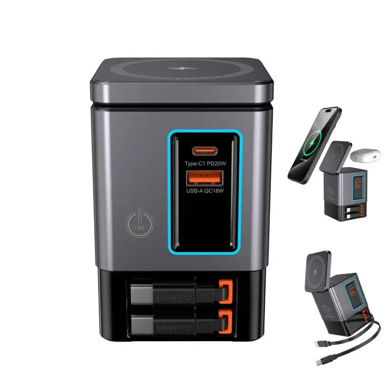 105W 6-in-1 Charging Station with Retractable USB-C Cable Power Combo Tower for Multiple Devices Fast Charger for iPhone, Airpod