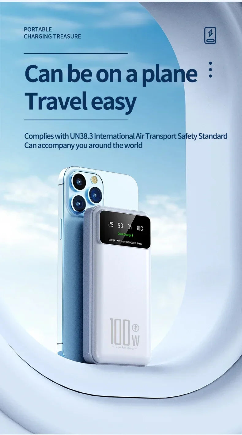 New Portable 100W Super Fast Charging Power Bank 30000mAh Large Capacity with LED Ligh Digital Display for IPhone Xiaomi Huawei