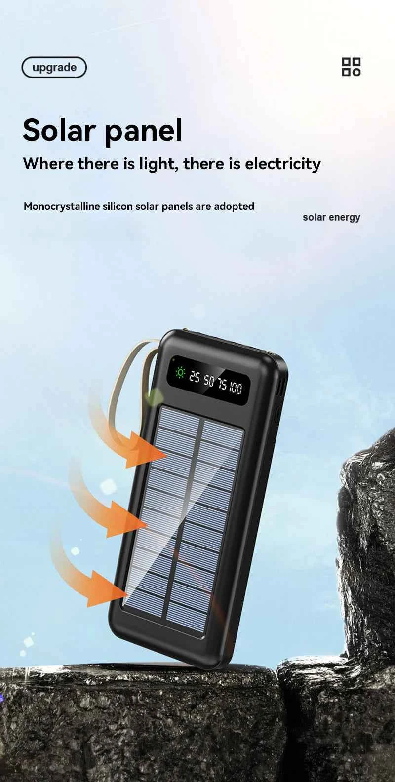 Solar Power Bank 50000mAh Fast Charging Dual USB LED