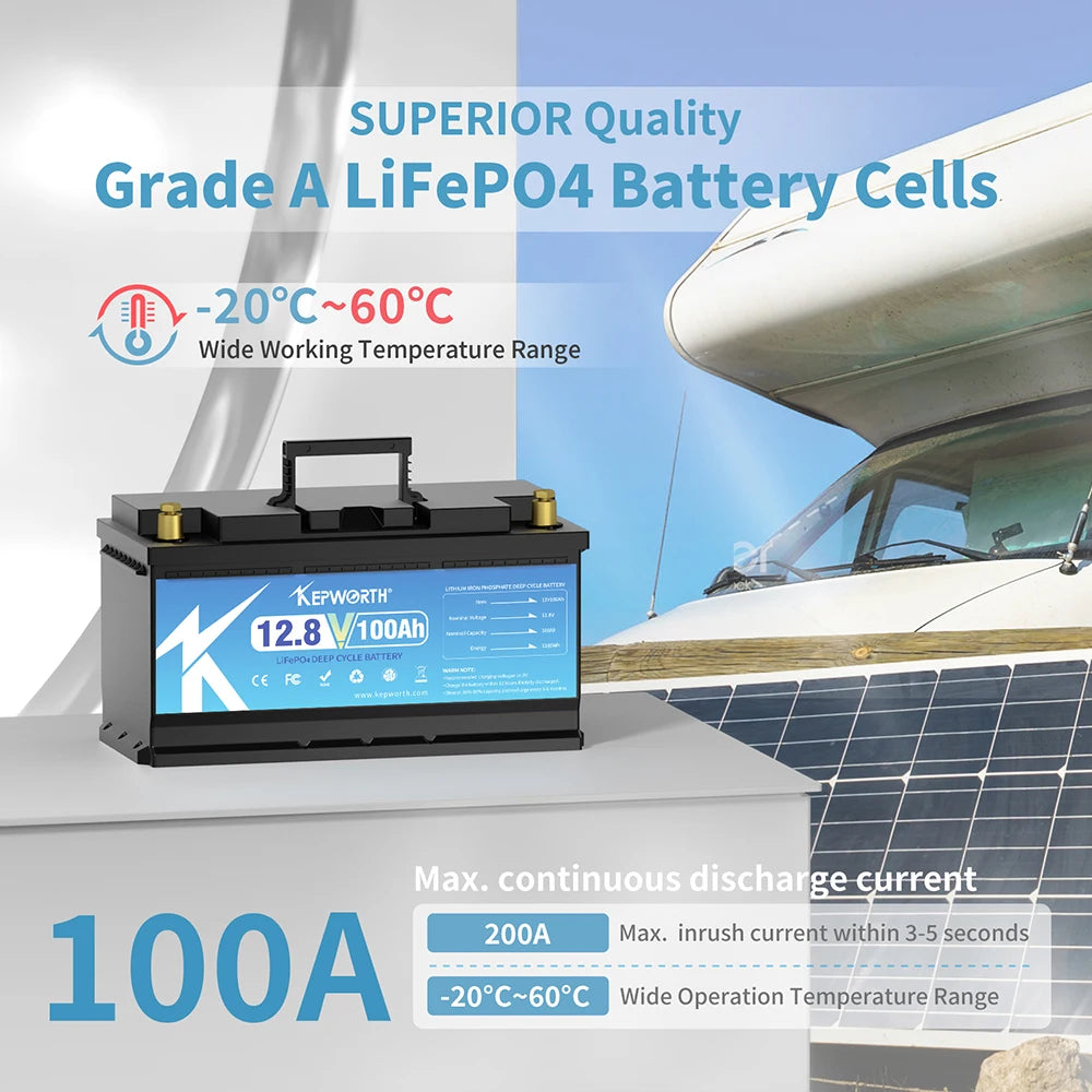 KEPWORTH 12V 100Ah LiFePO4 Battery Packs Grade A Cells Rechargeable For Outdoor / Home Storage Lithium Iron Phosphate Batteries