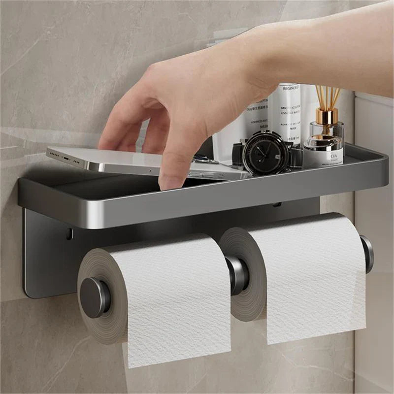 Aluminum Alloy Wall-Mounted Toilet Paper Holder with Shelf - Smallenterprised 