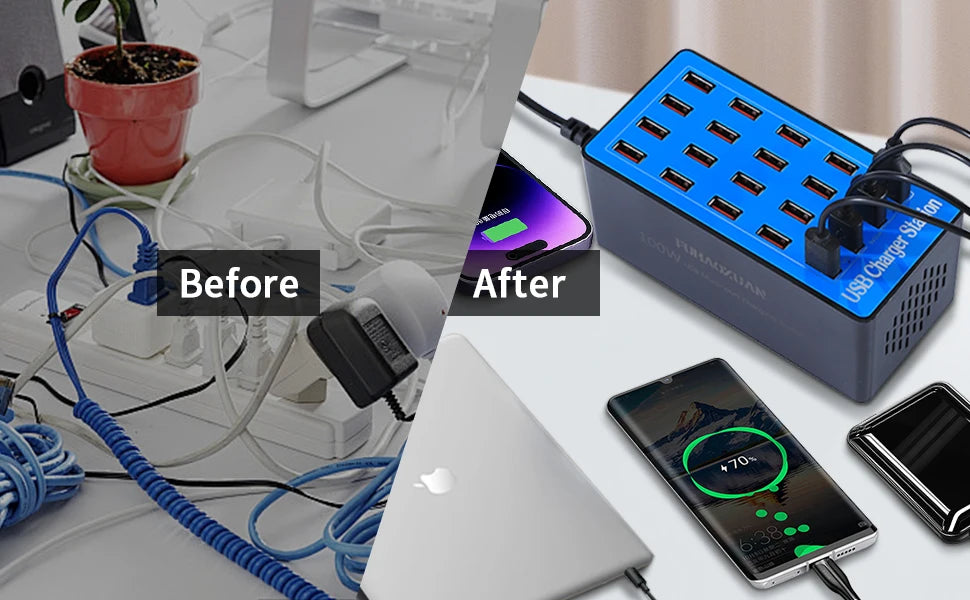 USB Charging Station 100W 20-Port Multi Device USB C Charger Features Charging Station for Multiple Devices Phone Watch Pad  A5+