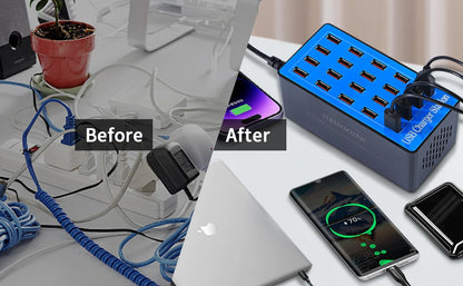 USB Charging Station 100W 20-Port Multi Device USB C Charger Features Charging Station for Multiple Devices Phone Watch Pad  A5+