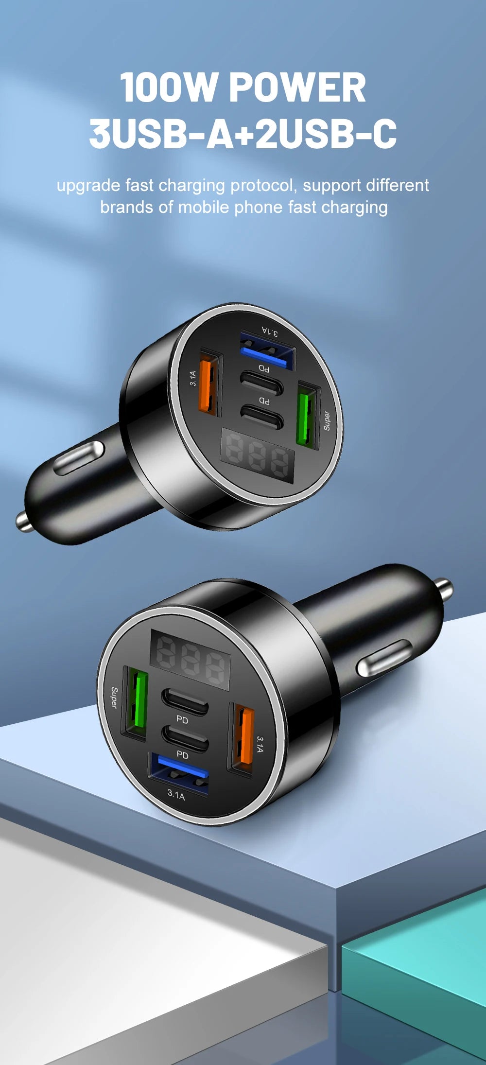 Car Charger 100W Support Super Fast Charging 5 in 1 Multi-port Voltage Car with Vehicle Digital Display Mobile Car Phone Adapter