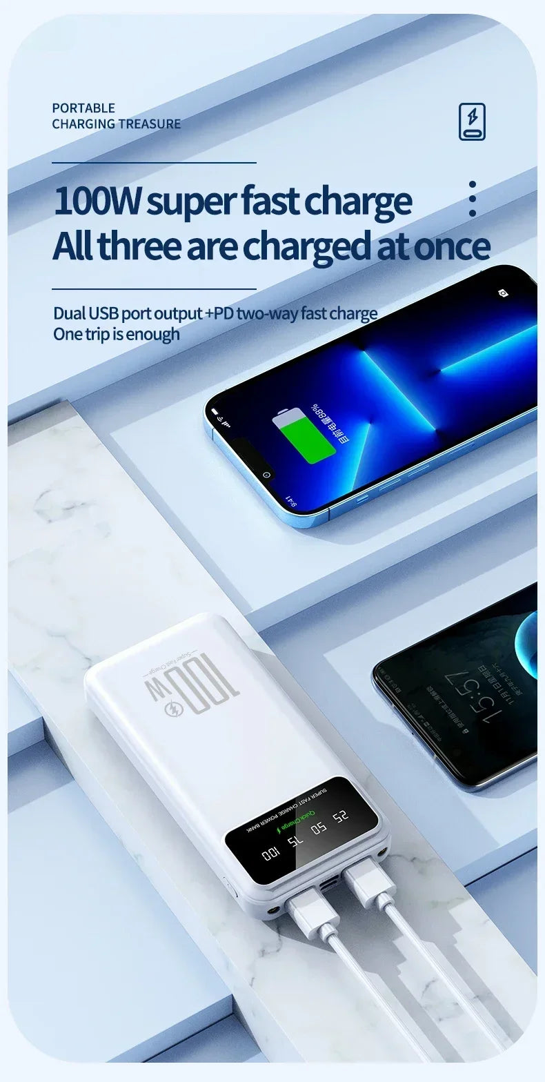 New Portable 100W Super Fast Charging Power Bank 30000mAh Large Capacity with LED Ligh Digital Display for IPhone Xiaomi Huawei