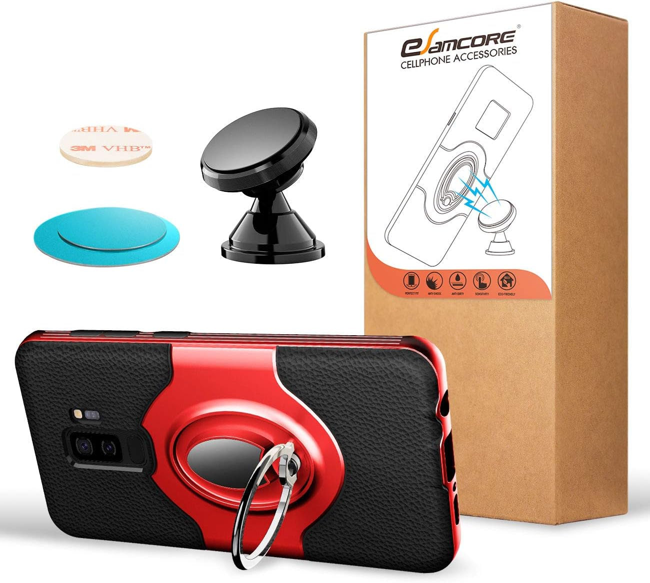 Samsung Galaxy S9 plus Case Ring Holder Kickstand Cases + Dashboard Magnetic Phone Car Mount [Red]