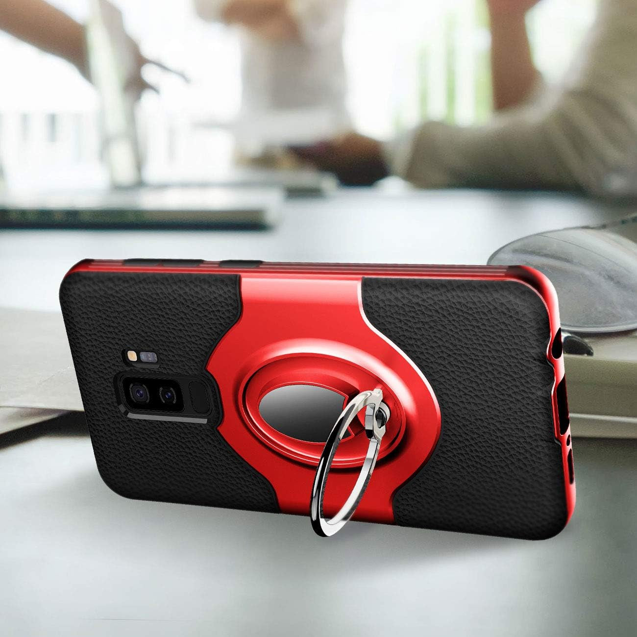 Samsung Galaxy S9 plus Case Ring Holder Kickstand Cases + Dashboard Magnetic Phone Car Mount [Red]