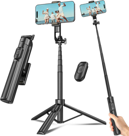 Selfie Stick Travel Tripod for Cell Phone with Remote Control and Phone Holder, Extendable Selfie Stick for Iphone, Iphone Tripod for Video Recording, 50 Inch, Black