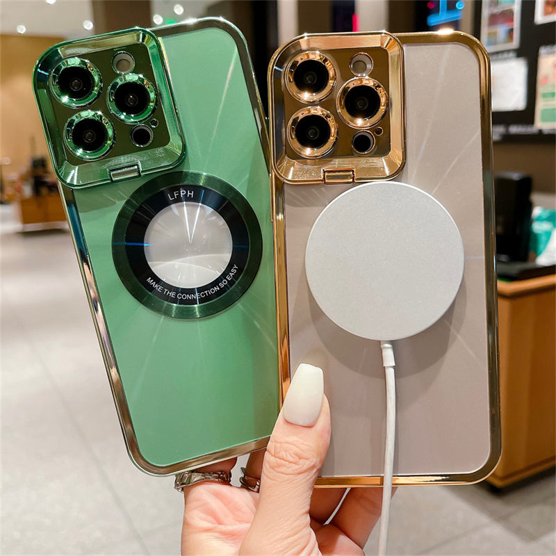 Electroplated Phone Case Luxury Plating CD Pattern Magsafe Bracket Case For  12 13 14 Pro Max Invisible Camera Stand Holder Lens Holder Magnetic Suction - Small Enterprise