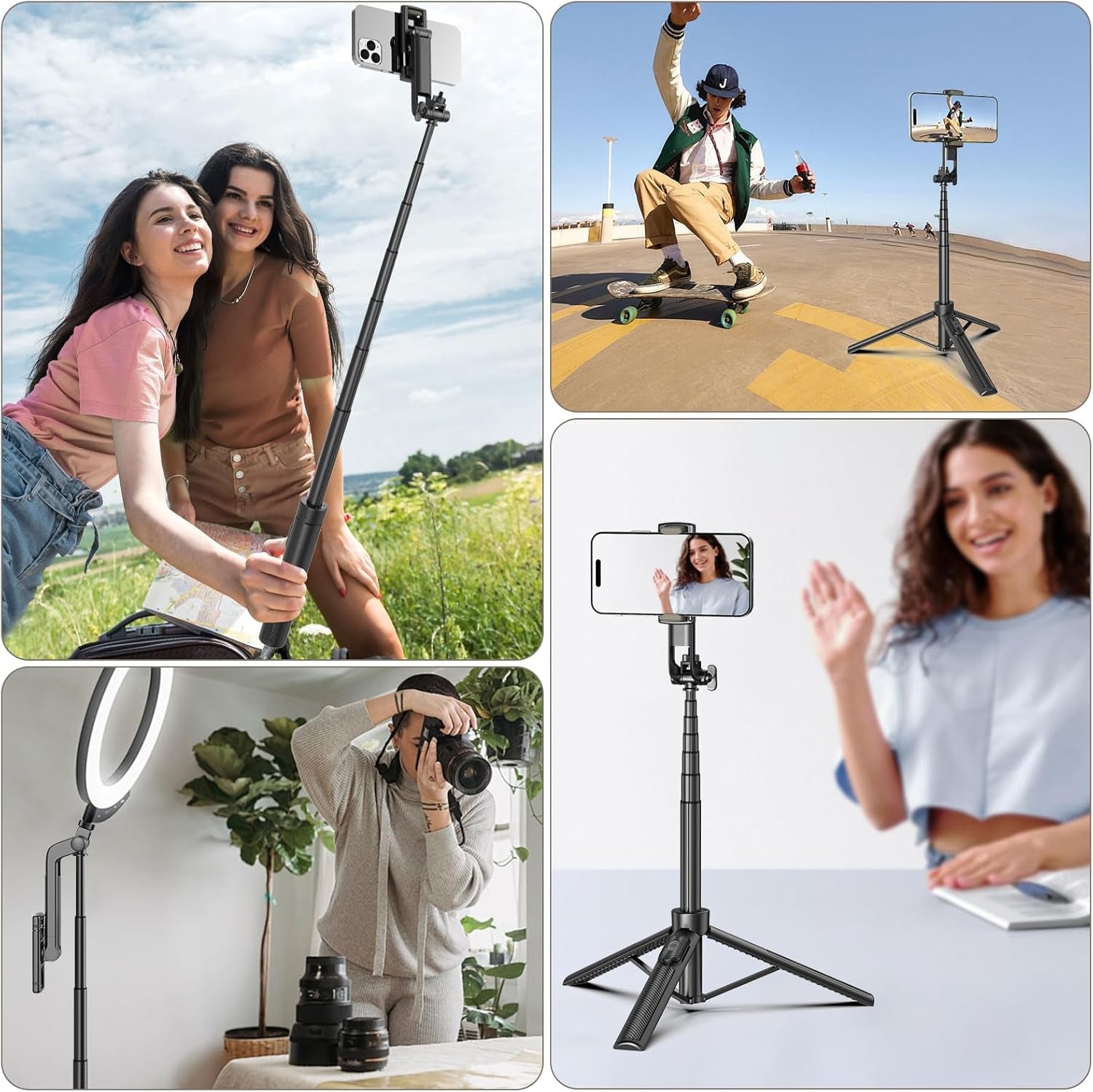 Selfie Stick Travel Tripod for Cell Phone with Remote Control and Phone Holder, Extendable Selfie Stick for Iphone, Iphone Tripod for Video Recording, 50 Inch, Black