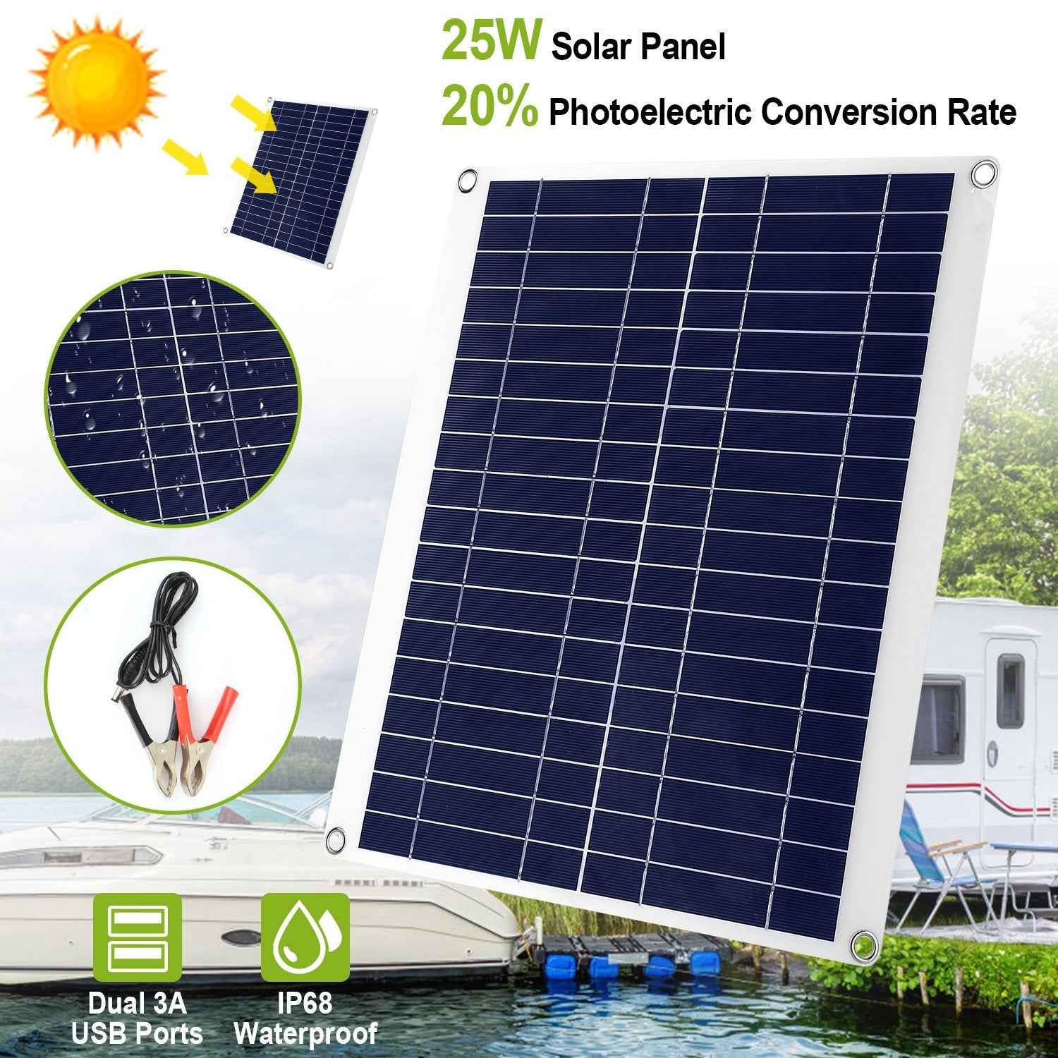 25W 12V Solar Panel Charger, Dual USB, IP68 for Car/RV
