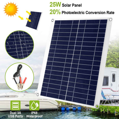 25W 12V Solar Panel Charger, Dual USB, IP68 for Car/RV