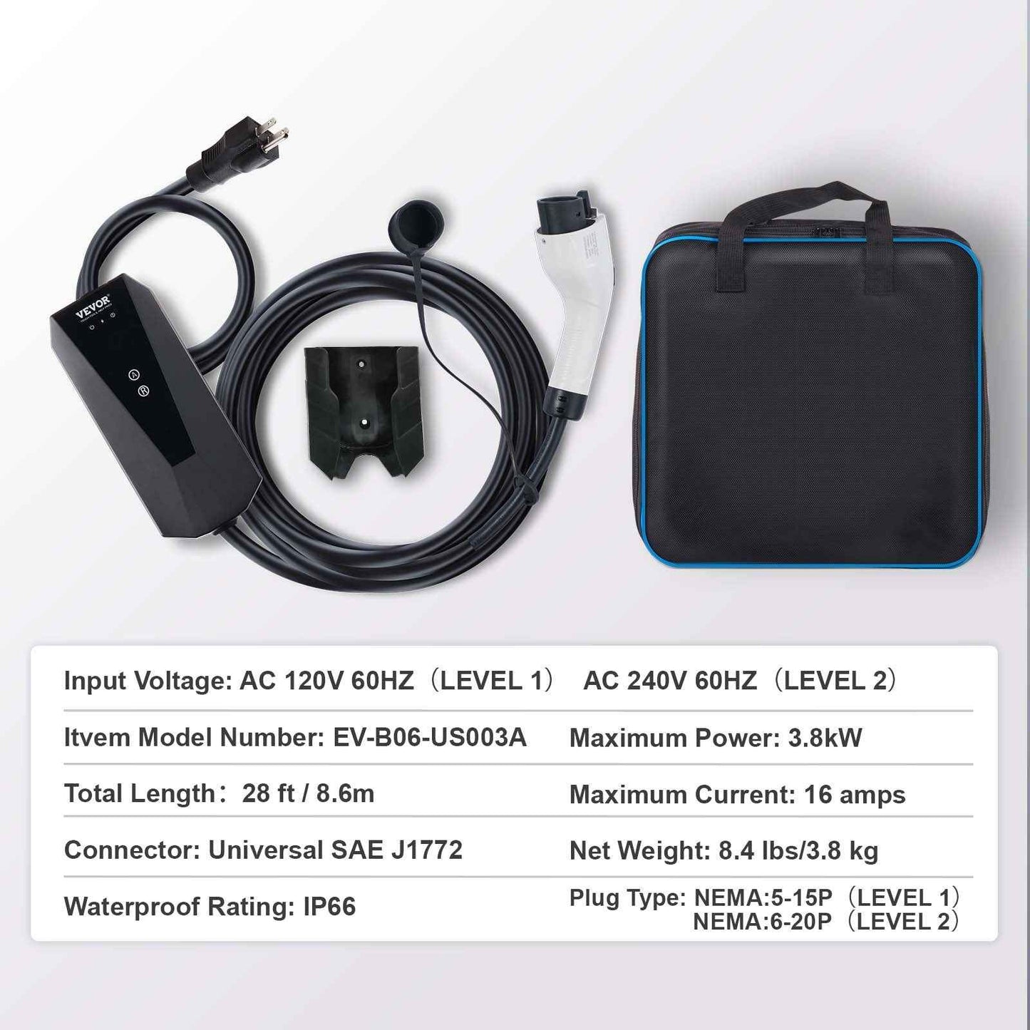 Portable EV Charger, 16 Amp 28-Foot Cable