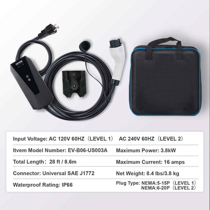 Portable EV Charger, 16 Amp 28-Foot Cable