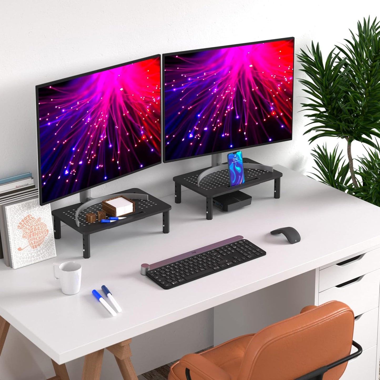 Back Saver Monitor Stand for Desk - 2 Pack Monitor Riser - Anti-Skid HD Hexagonal Steel Computer Stand - Free Cable Ties - Mesh Metal Computer Item Stand - Printer & Imac