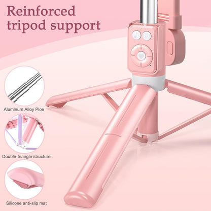 Selfie Stick Tripod with Fill Light, Phone Selfie Stick,Durable Stainless Steel Design,Bluetooth Remote Control,And Stable Three-Legged Support for Live Broadcasts,Video Shooting (Pink)