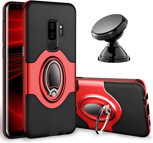 Samsung Galaxy S9 plus Case Ring Holder Kickstand Cases + Dashboard Magnetic Phone Car Mount [Red]