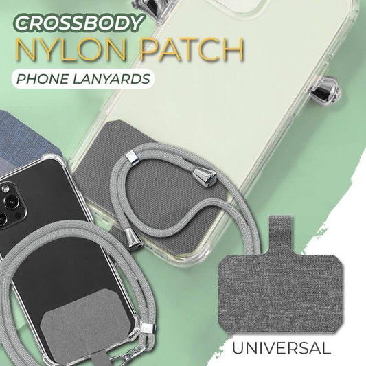 Clear phone case with gray nylon patch and lanyard on green background, text reads "Universal".