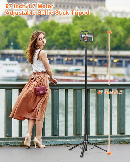 Selfie Stick,67 Inch/1.7 Meter Selfie Stick Tripod,Gifts for Women Men,Portable Cell Phone Tripod Stand with Wireless Remote Shutter Compatible with Iphone 16E/16/15/14/13, Samsung Series(Black)