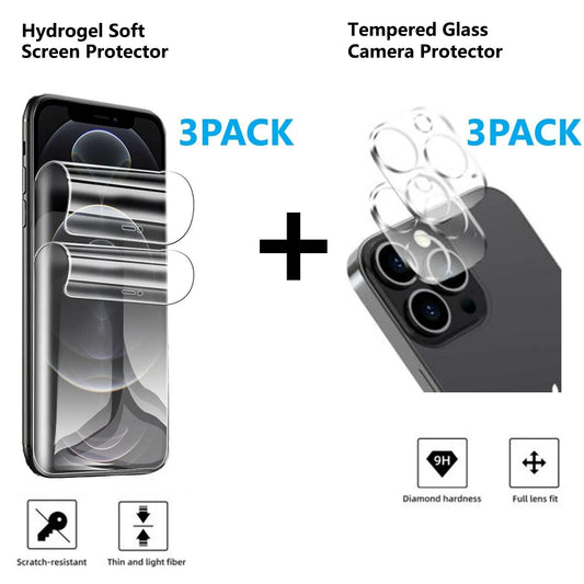 Screen/Lens Protector for Iphone 13 Pro 6.1 Inch 2021, [3 Pack] Front & Back Hydrogel Film Bubble Free Screen Protector + [3 Pack] Clear Tempered Glass Camera Protector