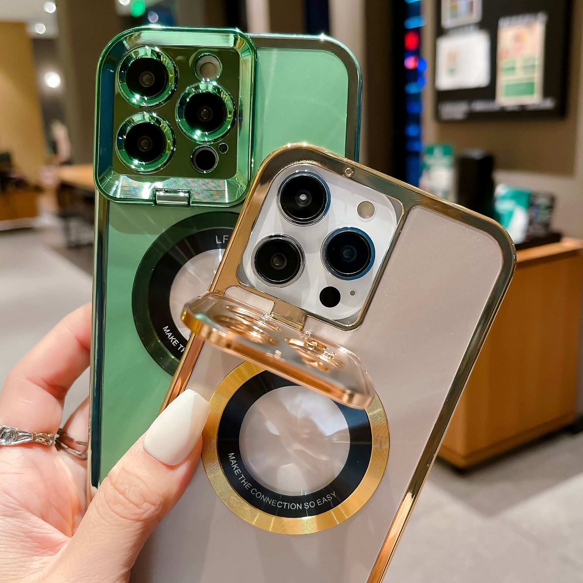 Electroplated Phone Case Luxury Plating CD Pattern Magsafe Bracket Case For  12 13 14 Pro Max Invisible Camera Stand Holder Lens Holder Magnetic Suction - Small Enterprise