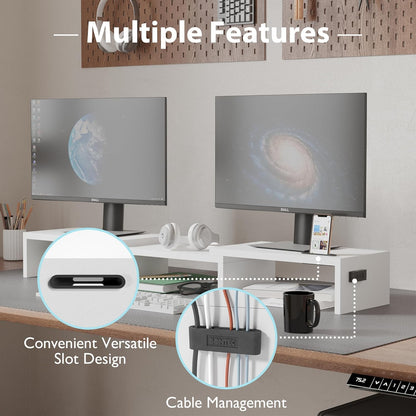 Dual Monitor Stand Riser with Smartphone Holder, Adjustable Length & Swivel Angle, Ergonomic Wooden Desktop Organizer for PC Monitor, Laptop, Printer, Large Storage, White