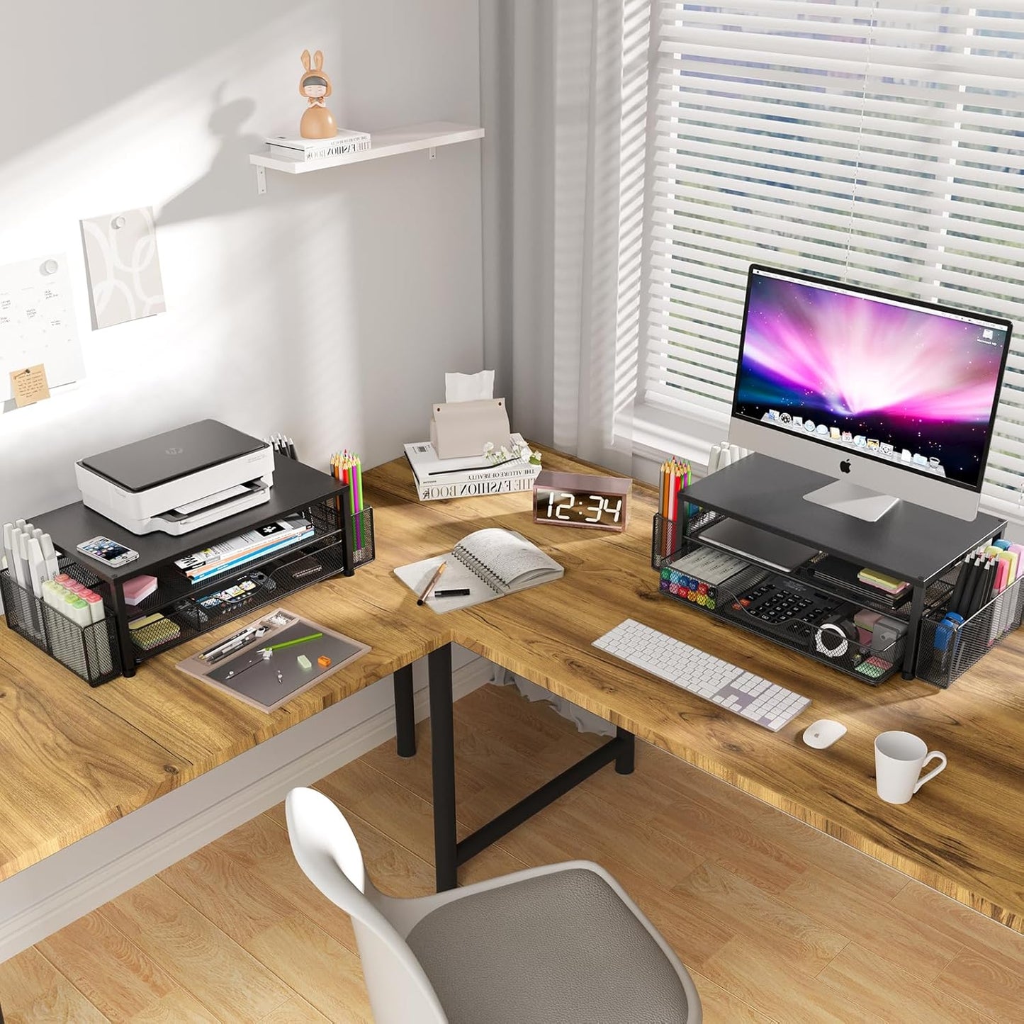 Desk Organizer and Accessories, 2-Tier Computer Monitor Stand Riser with Drawer and 2 Pen Holders, Laptop Stand, Office Desk Accessories for Office Supplies, Black