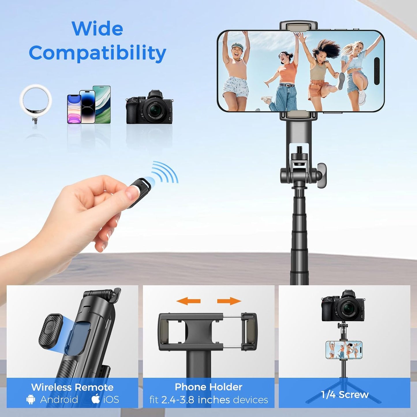 Selfie Stick Travel Tripod for Cell Phone with Remote Control and Phone Holder, Extendable Selfie Stick for Iphone, Iphone Tripod for Video Recording, 50 Inch, Black