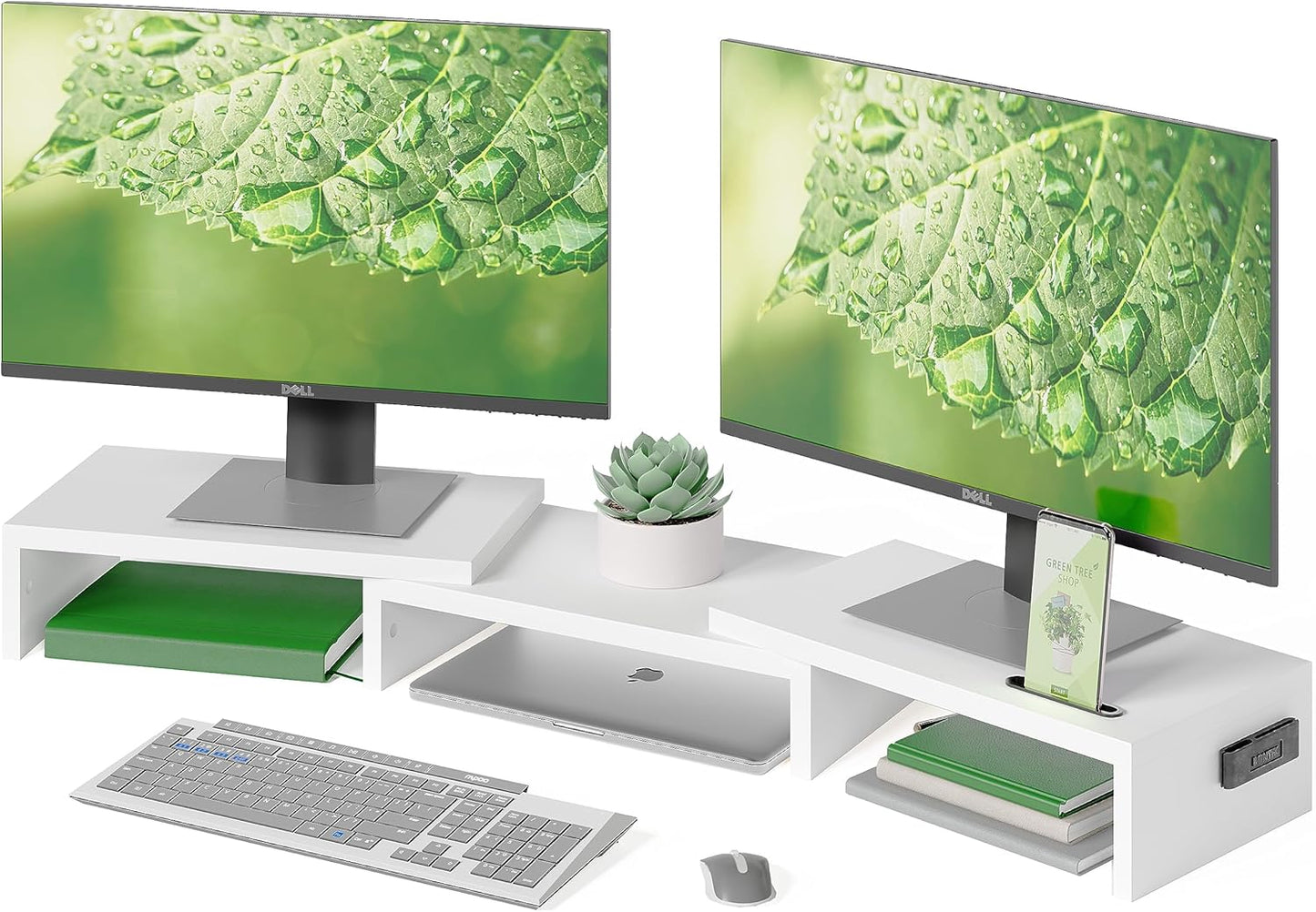 Dual Monitor Stand Riser with Smartphone Holder, Adjustable Length & Swivel Angle, Ergonomic Wooden Desktop Organizer for PC Monitor, Laptop, Printer, Large Storage, White