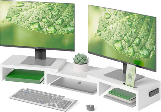 Dual Monitor Stand Riser with Smartphone Holder, Adjustable Length & Swivel Angle, Ergonomic Wooden Desktop Organizer for PC Monitor, Laptop, Printer, Large Storage, White